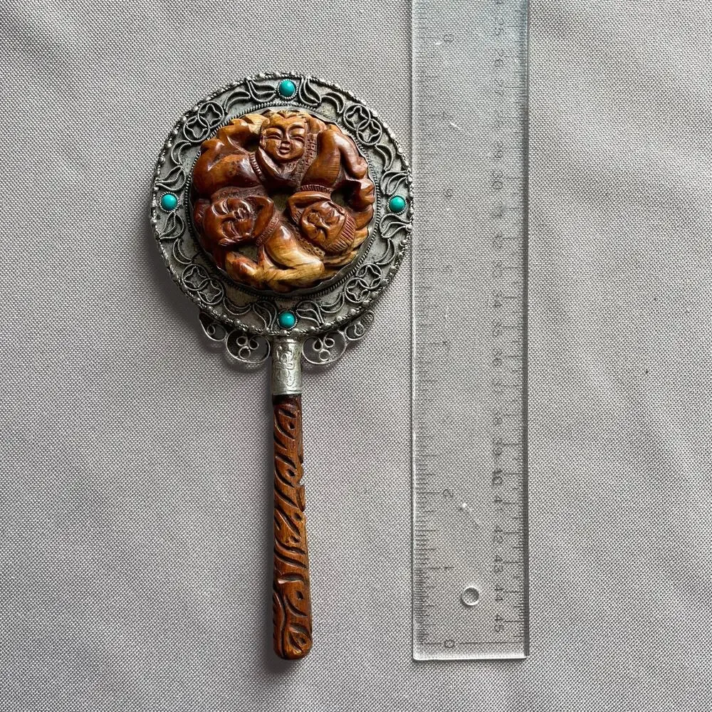 VTG Antique Carved Wood Silver Metal Round Hand Mirror Filigree Chinese Export
